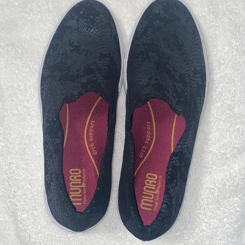 Munro Black Textured Slip-Ons with Red Insoles